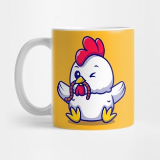 Cute Rooster Chicken Eating Worm Cartoon Vector Icon Illustration Mug